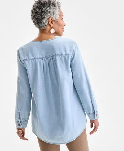 Style & Co Women's Cotton Denim Split-neck Popover Top, Exclusively At Macy's In Blue