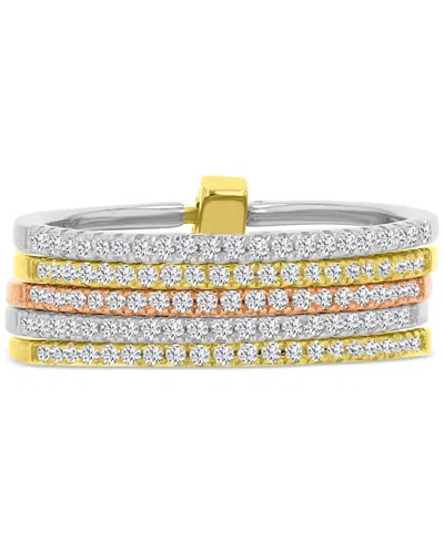 Macy's Cubic Zirconia Multi-layer Statement Ring In Sterling Silver, & 14k Gold- & 14k Rose Gold-plate