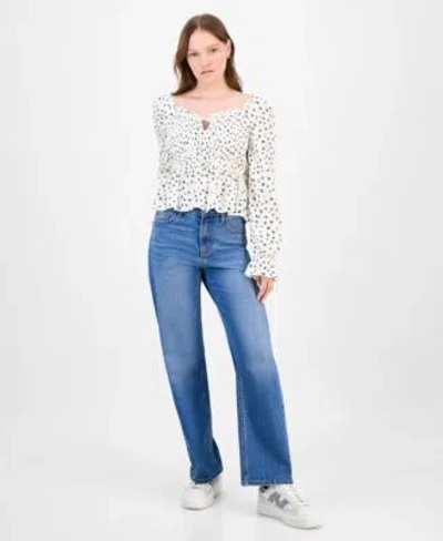 Celebrity Pink Juniors Ditsy Print Ruffle Trim Babydoll Top Tinseltown Juniors High Rise Slim Wide Leg Jeans In Blue
