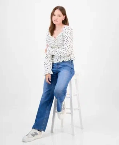 Celebrity Pink Juniors Ditsy Print Ruffle Trim Babydoll Top Tinseltown Juniors High Rise Slim Wide Leg Jeans In Blue