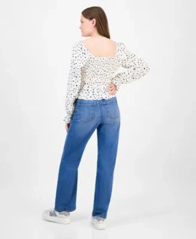 Celebrity Pink Juniors Ditsy Print Ruffle Trim Babydoll Top Tinseltown Juniors High Rise Slim Wide Leg Jeans In Blue