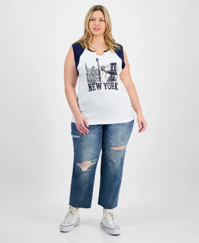 Rebellious One Trendy Plus Size Cotton New York Graphic Top In Blue