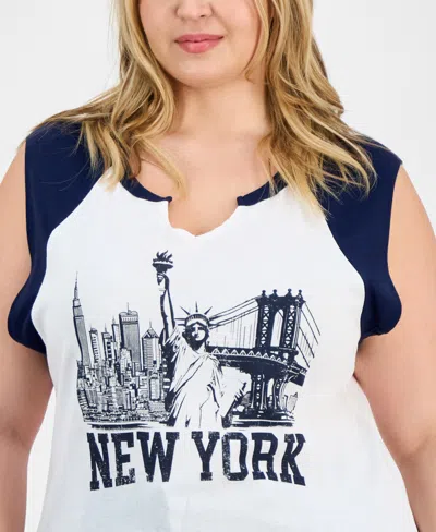 Rebellious One Trendy Plus Size Cotton New York Graphic Top In Blue