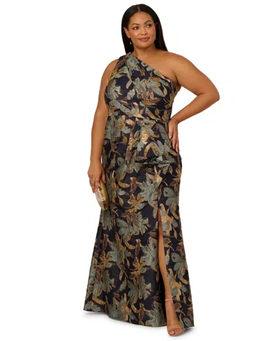 Adrianna Papell Plus Size Metallic Jacquard One-shoulder Long Dress