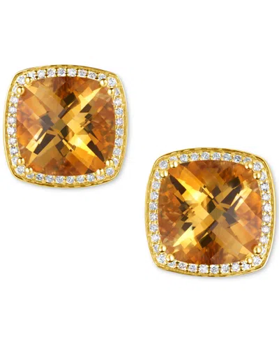 Macy's Citrine (10 Ct. T.w.) & Diamond (3/8 Ct. T.w.) Cushion Halo Stud Earrings In 14k Gold
