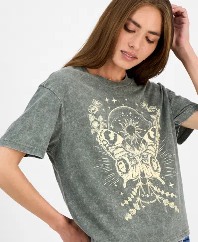 Rebellious One Juniors' Butterfly Mineral Wash Graphic T-shirt