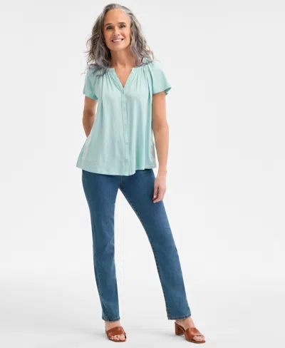 Style & Co Petite Button-front Flutter-sleeve Top, Exclusively At Macy's In Blue