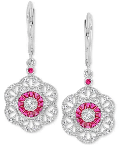 Macy's Pink & White Cubic Zirconia Openwork Flower Leverback Drop Earrings In Sterling Silver