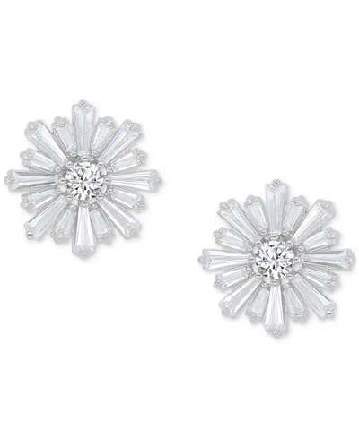 Macy's Cubic Zirconia Round & Baguette Flower Stud Earrings In Sterling Silver