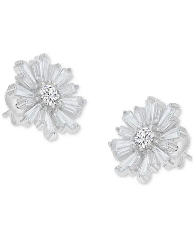 Macy's Cubic Zirconia Round & Baguette Flower Stud Earrings In Sterling Silver
