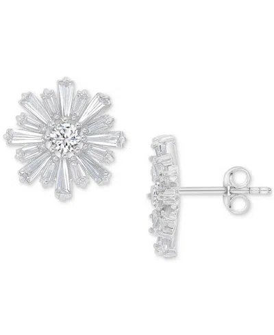 Macy's Cubic Zirconia Round & Baguette Flower Stud Earrings In Sterling Silver
