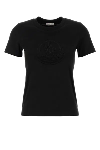 Moncler Women Black T-shirt With Rhinestone Logo In Cotton Woman In Black