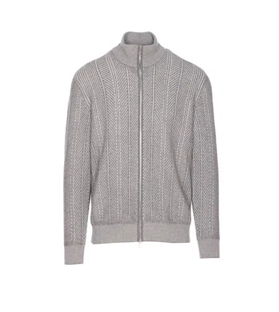 Brunello Cucinelli Chevron Knit High Neck Zipped Cardigan In Gray