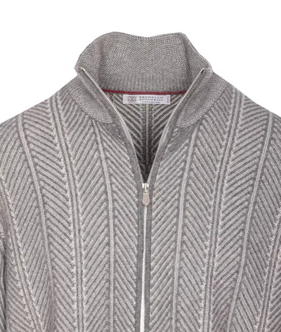 Brunello Cucinelli Chevron Knit High Neck Zipped Cardigan In Gray