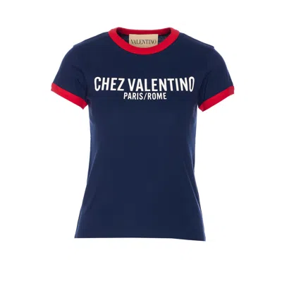 Valentino Crew Neck Cotton T-shirt With Contrast Trim In Blue