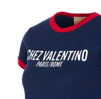 Valentino Crew Neck Cotton T-shirt With Contrast Trim In Blue