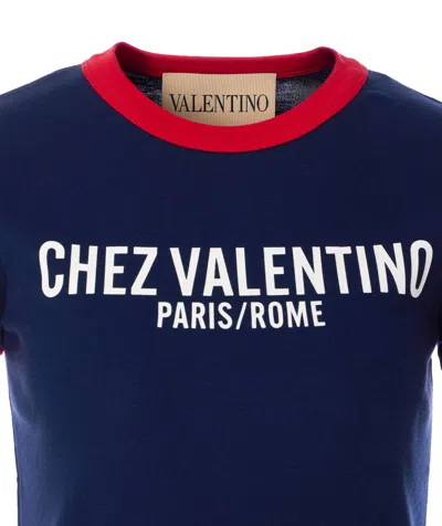 Valentino Crew Neck Cotton T-shirt With Contrast Trim In Blue