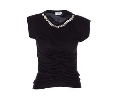 Liu •jo Crystal Embellished Cap Sleeve Ruched Top In Blue
