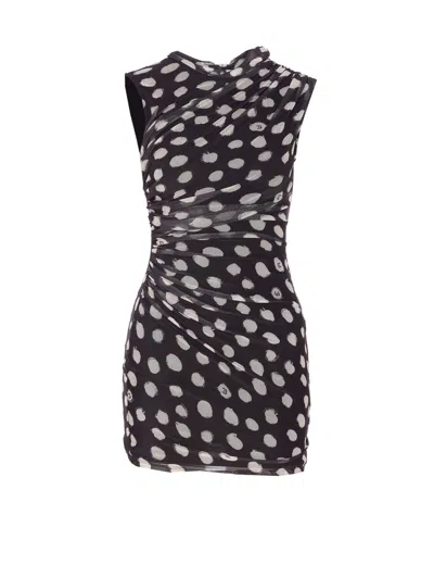 Liu •jo A Line Polka Dot Ruched Sleeveless Dress In Black