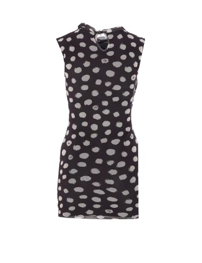 Liu •jo A Line Polka Dot Ruched Sleeveless Dress In Black