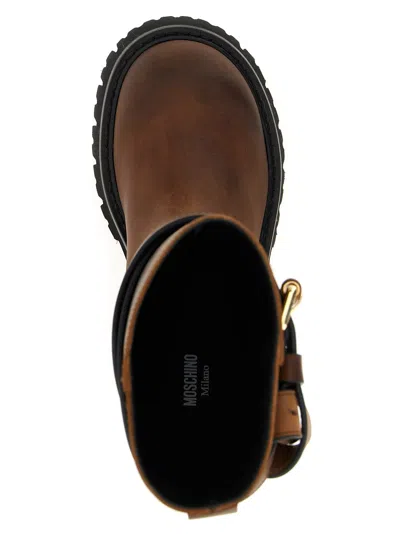 Moschino 'chunky Sole' Ankle Boots With Buckle And Strap In Brown