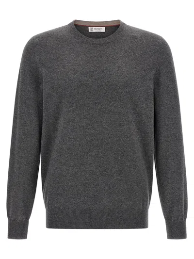 Brunello Cucinelli Cashmere Crew Neck Sweater With Ribbed Cuffs And Hem In Gray