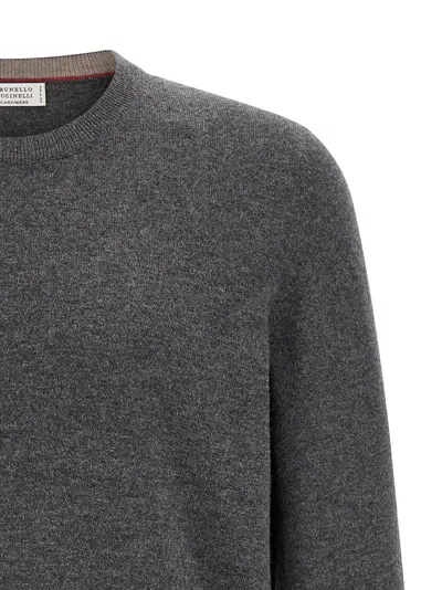 Brunello Cucinelli Cashmere Crew Neck Sweater With Ribbed Cuffs And Hem In Gray