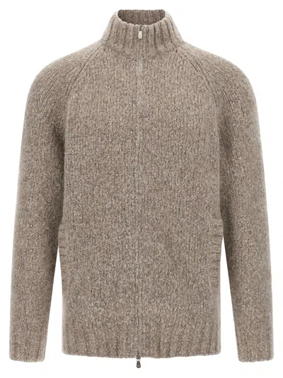 Brunello Cucinelli Alpaca Wool Cardigan With Ribbed Cuffs In Brown