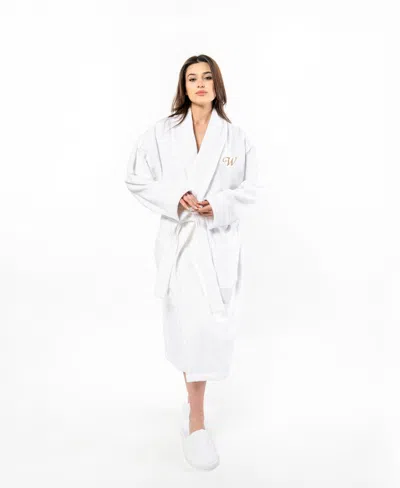 Linum Home Turkish Personalized Unisex Anovia Velour Cotton Bathrobe In White