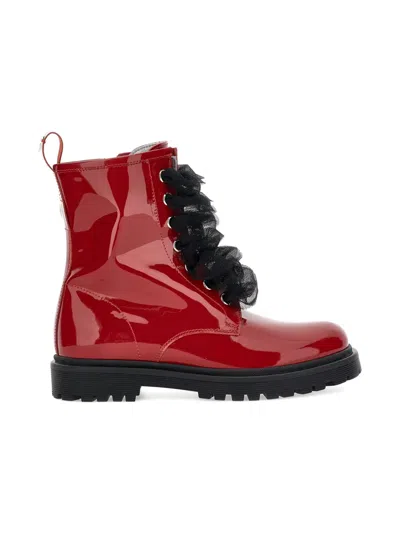 Monnalisa Patent Lace-up Combat Boots In Red