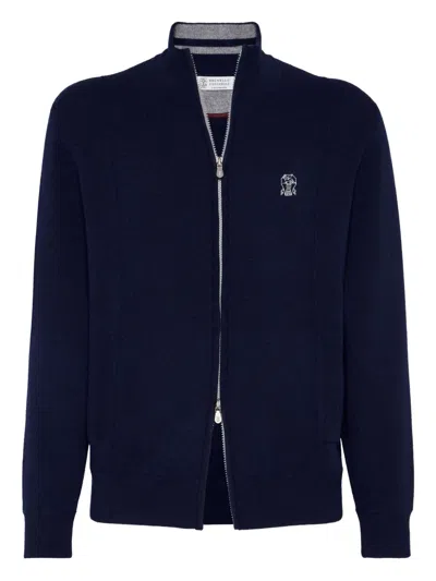 Brunello Cucinelli Zip-front Embroidered-logo Cardigan In Blue
