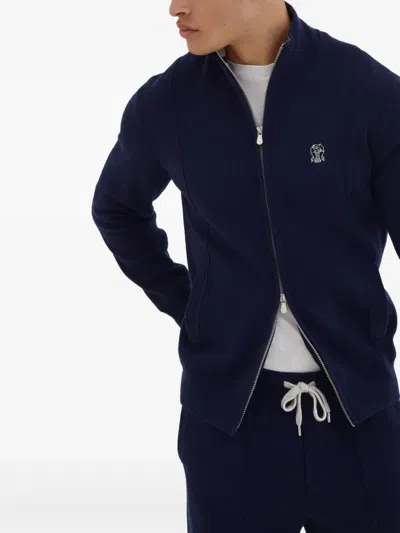 Brunello Cucinelli Zip-front Embroidered-logo Cardigan In Blue
