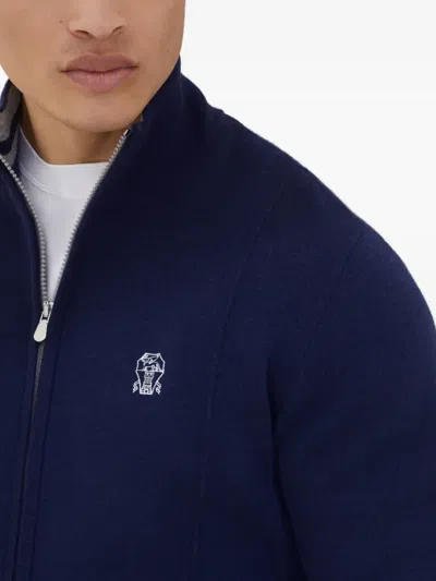 Brunello Cucinelli Zip-front Embroidered-logo Cardigan In Blue