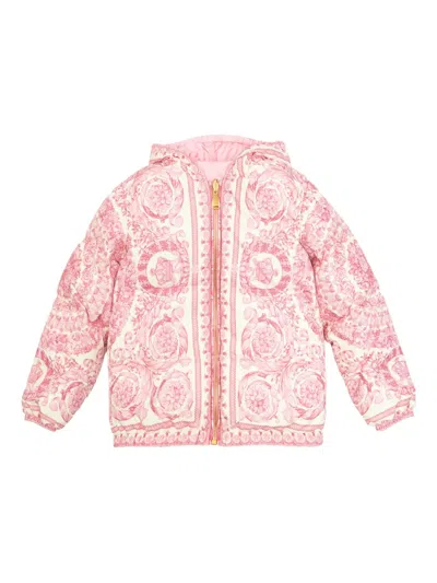 Versace Kids All-over Printed Zip-up Hooded Jacket In Pink