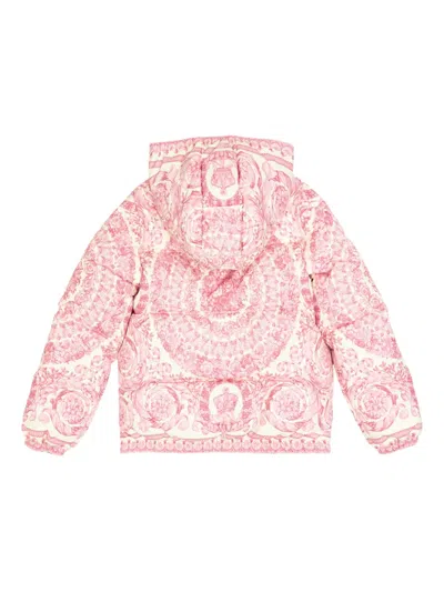 Versace Kids All-over Printed Zip-up Hooded Jacket In Pink