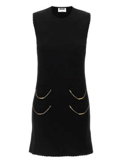 Moschino Zipper Pocket Scalloped Sleeveless Dress In Black