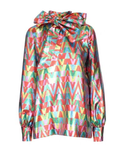 Valentino Logo Detailed Bowed Neck Blouse In Multi