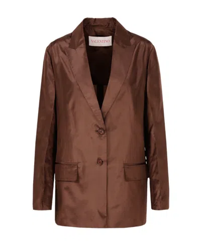 Valentino Crinkled-effect Single-breasted Silk Blazer In Brown