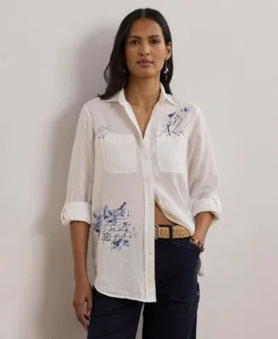 Ralph Lauren 100 Linen Womens Relaxed Fit Print Roll Tab Sleeve Shirt P Xs 3x In White