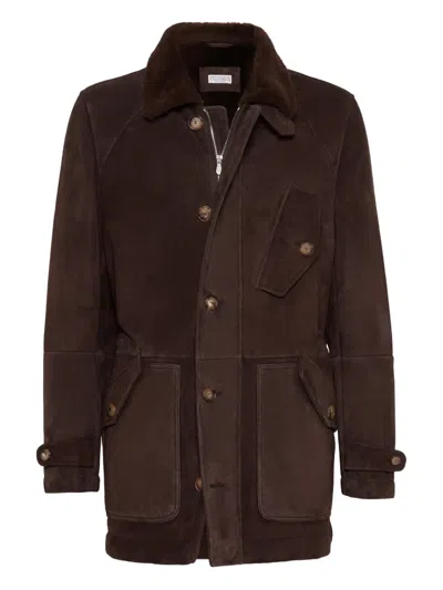 Brunello Cucinelli Men Tone-on-tone Suede Shearling Coat In Brown