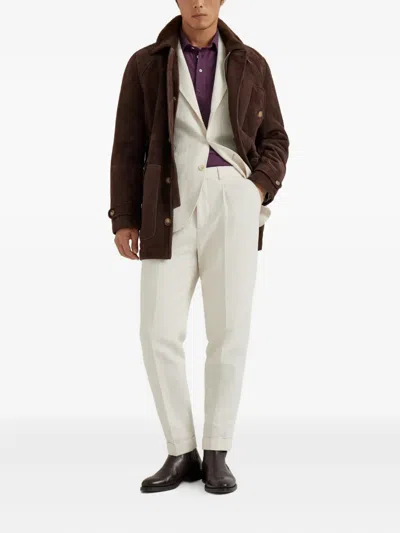 Brunello Cucinelli Men Tone-on-tone Suede Shearling Coat In Brown