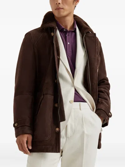 Brunello Cucinelli Men Tone-on-tone Suede Shearling Coat In Brown