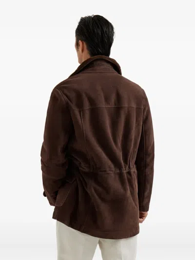 Brunello Cucinelli Men Tone-on-tone Suede Shearling Coat In Brown