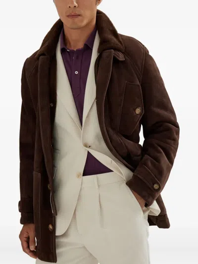 Brunello Cucinelli Men Tone-on-tone Suede Shearling Coat In Brown