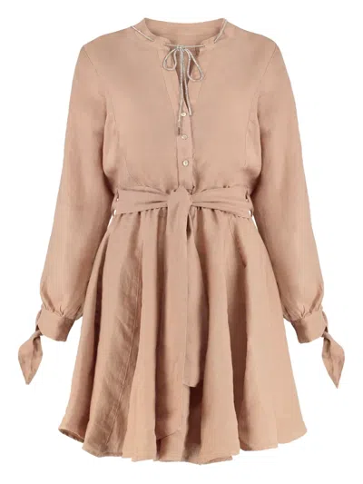 120% Lino Belted Linen Dress In Nude