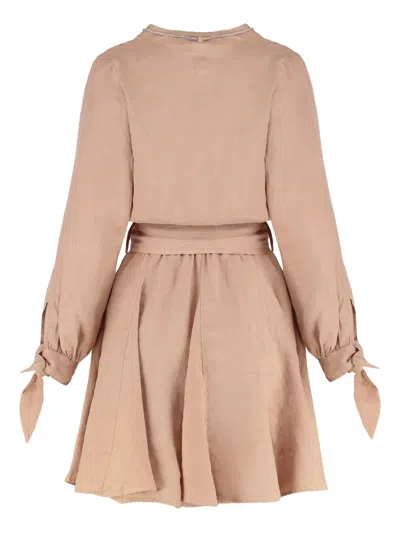120% Lino Belted Linen Dress In Nude