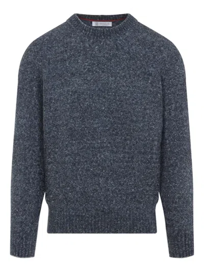 Brunello Cucinelli Blue Crewneck Sweater With A Melange Effect In Gray