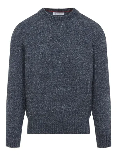 Brunello Cucinelli Blue Crewneck Sweater With A Melange Effect In Gray