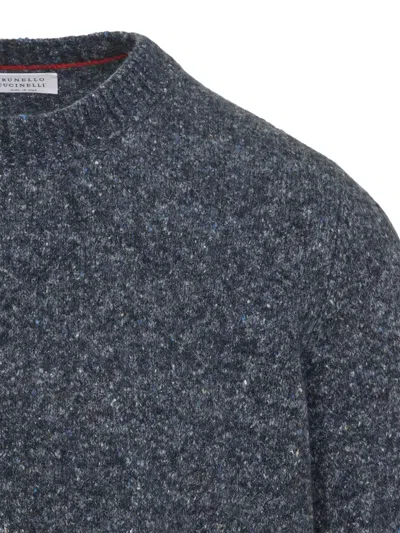 Brunello Cucinelli Blue Crewneck Sweater With A Melange Effect In Gray