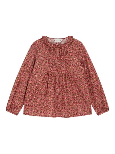 Bonpoint Smocked Cherry-print Blouse In Brown